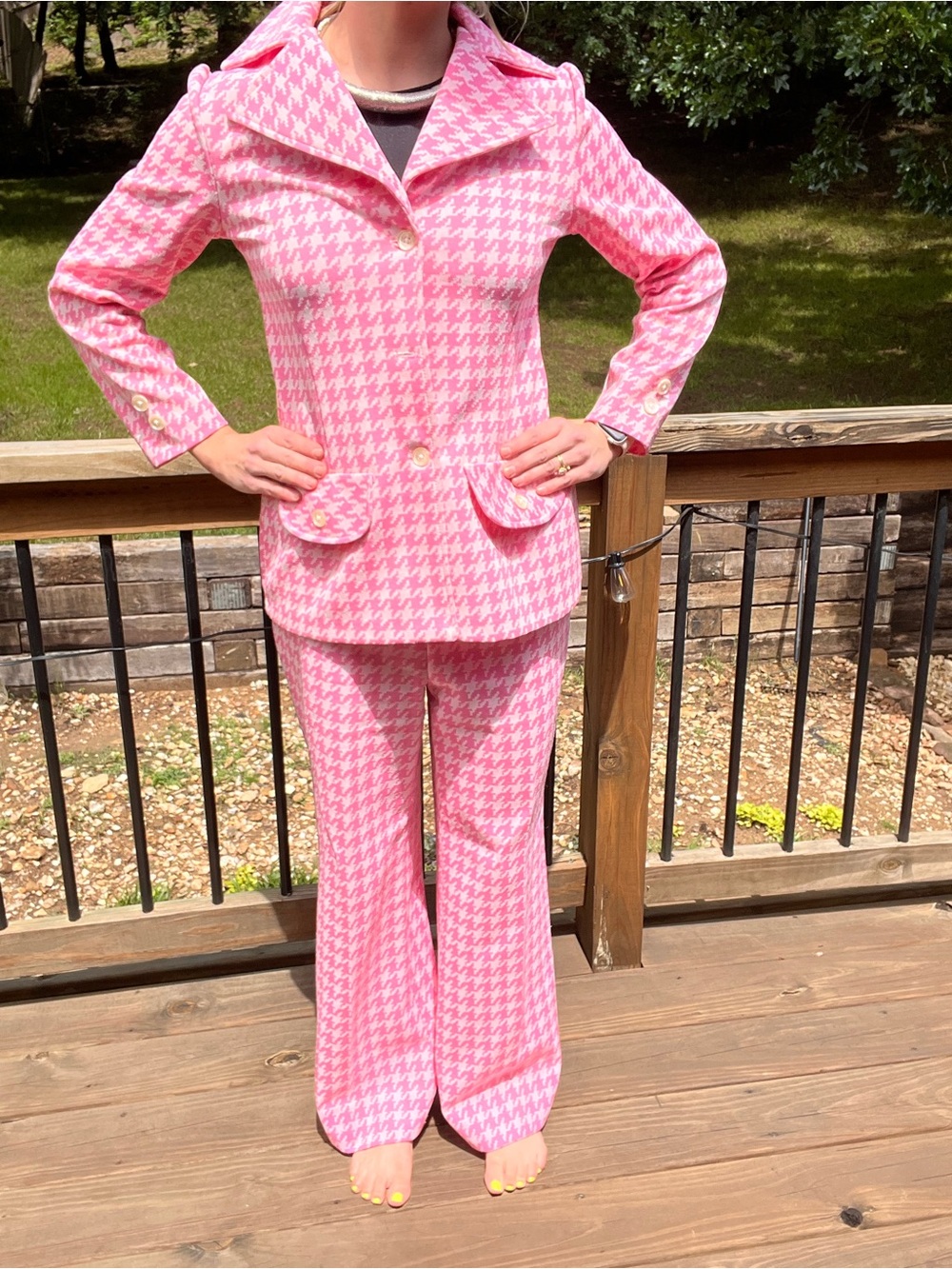 70s Pink Houndstooth Women's Pant Suit Jacket & Trousers